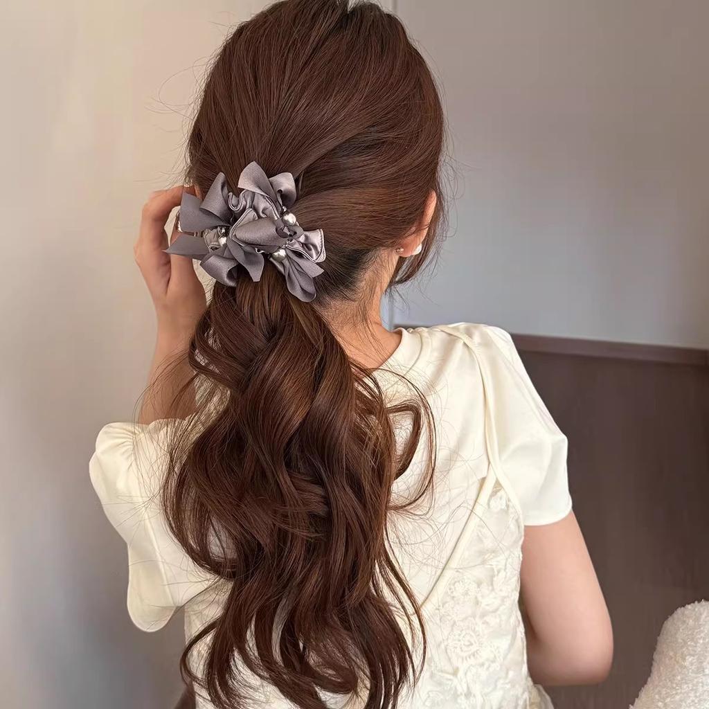 High Gloss Luster Bowknot Elastic Hair Bands Metallic Bead Embellishment Sophisticated Evening Party Ponytail Ties