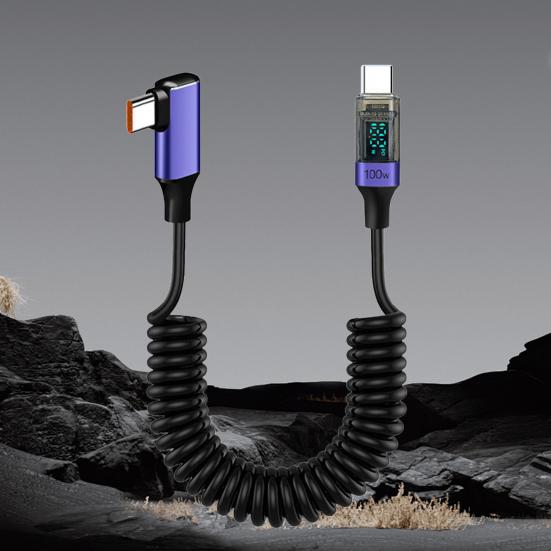 Зарядный кабель с цифровым дисплеем, передача данных 480 Мбит/с, универсальный Type-C, 90-градусный, 100 Вт, пружинный кабель для быстрой зарядки