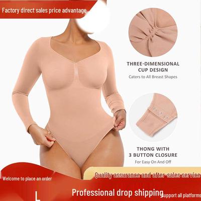 Бесшовный моделирующий боди с V-образным вырезом, утягивающее талию и живот, с длинными рукавами и стрингами