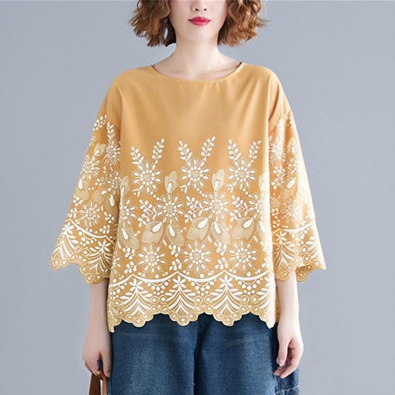 ZANZEA Женские летние блузки с круглым вырезом и рукавом 3/4 с волнистым краем