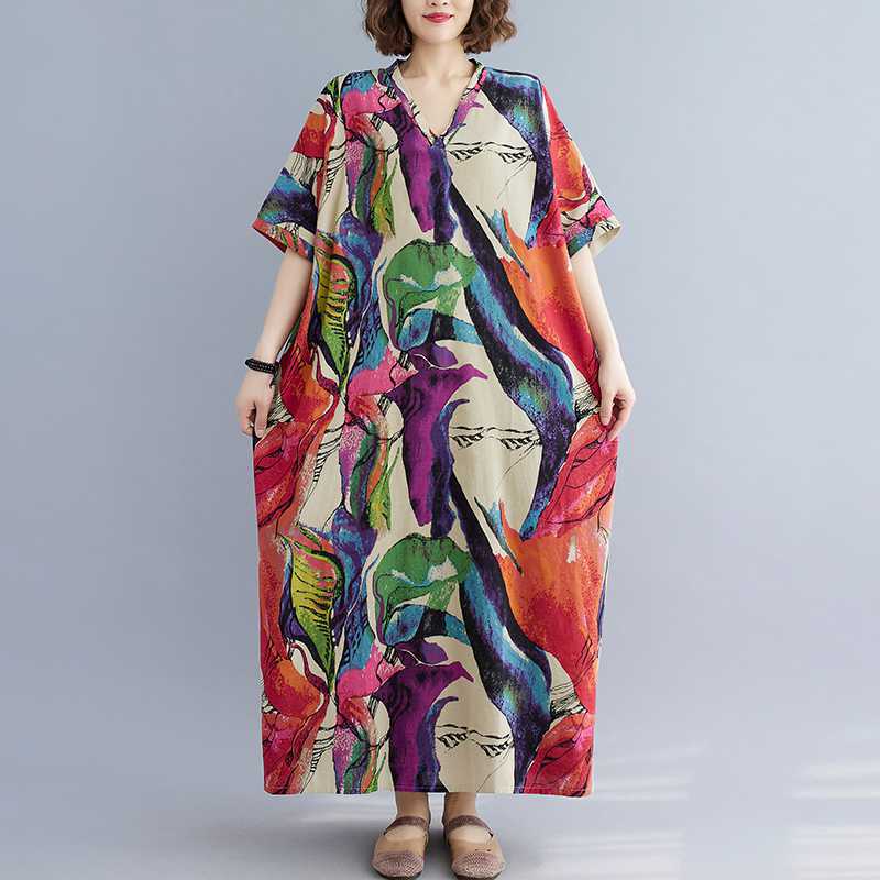 Литературное свободное платье с V-образным вырезом и короткими рукавами из хлопка и льна с принтом для женщин, пляжное платье с юбкой, повседневные платья с принтом для отпуска, халаты