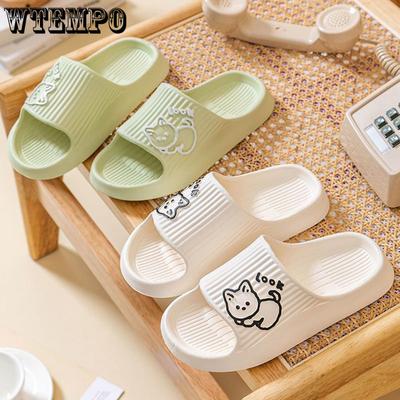 Милые тапочки для пар, летние нескользящие тапочки на плоской подошве с толстой подошвой цвета макарон с мультяшными животными в полоску и мягкую подошву для ванной комнаты и на улице.
