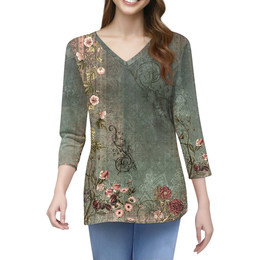 Women's T Shirt Print 3/4 Sleeve Daily Weekend Fashion Basic V- Neck Regular Top