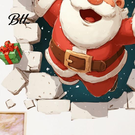 Seasonal Wall Art 3D Santa Claus Christmas Decals, Break Through Reindeer Removable PVC Window Stickers, Winter Holiday Decorations for Living