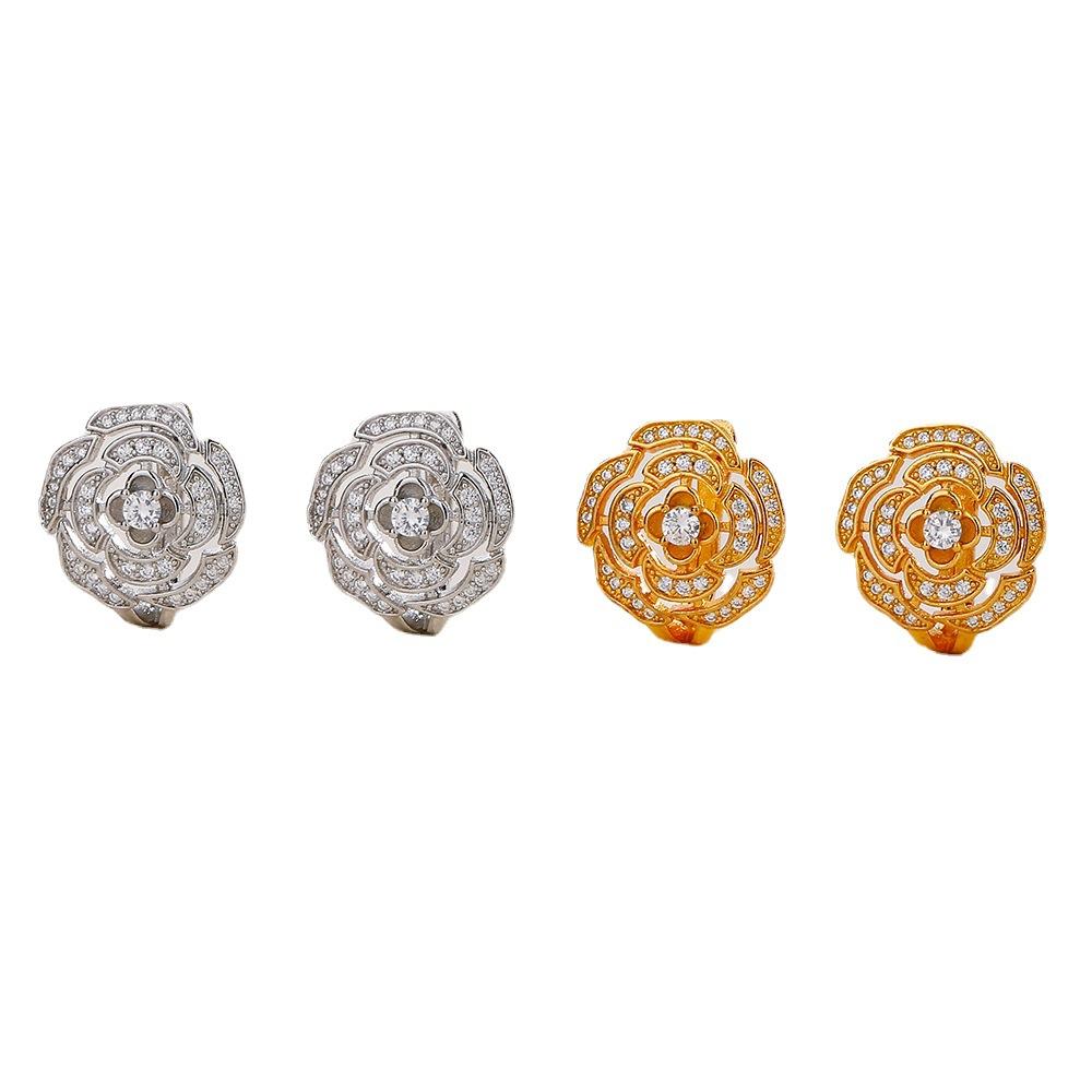 Guochao Light Luxury Full Diamond Camellia Серьги Преувеличенные Супер Флэш Модные Индивидуальные Трансграничные Маленькие Ароматные Ветряные Серьги Женщин