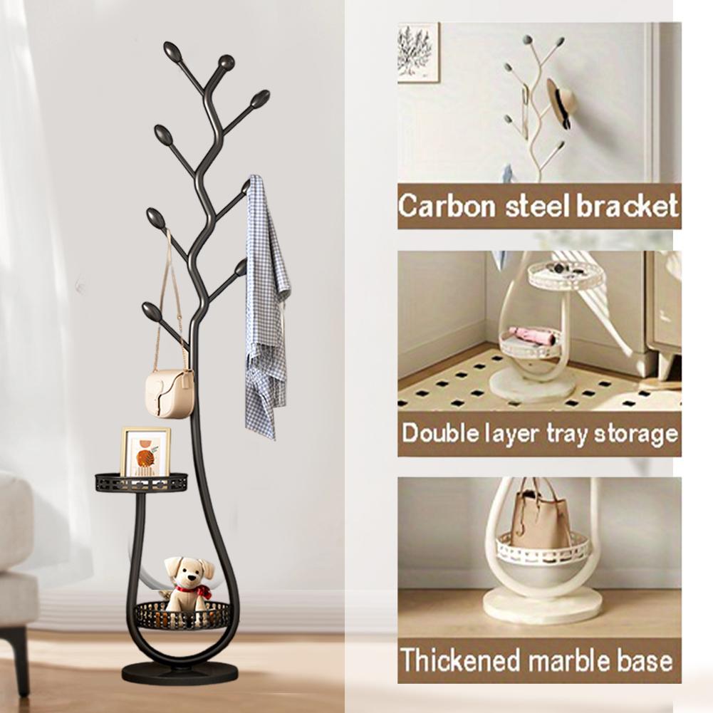 Metal Mobile Clothes Rack Household Single Pole Drying Rack with 8 Hooks Bedroom Imitation Tree Branch Hanging Rack French Minim