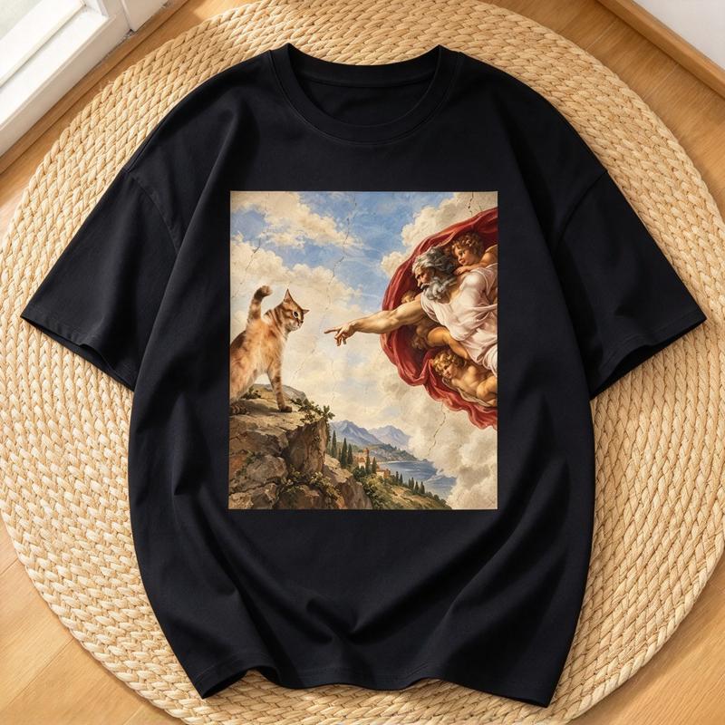 Renaissance Creation Of Cat Graphic T Shirt Unisex Unisex Funny Art Meme Print Casual Short Sleeve Tops Vintage Oil Painting Cat Tee