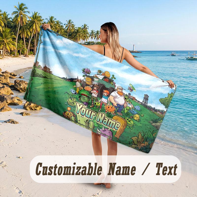 Personalized Beach Towel,Plants vs. Zombie Custom Printed Name Text, Super Absorbent Towel For Beach Vacation