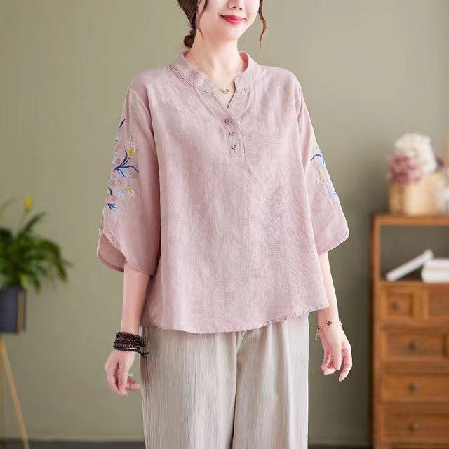 Женская одежда больших размеров, рубашки из хлопка и льна с напечатанным рисунком на рукавах, летние тонкие рубашки-пуловеры