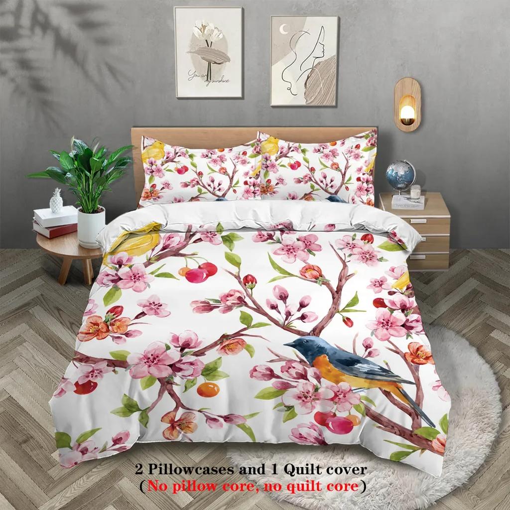 3pcs Spring Themed Bird and Flower Printed Bedding SetFor Bedroom Guest Room (1*Duvet Cover + 2*Pillowcase NO Core)
