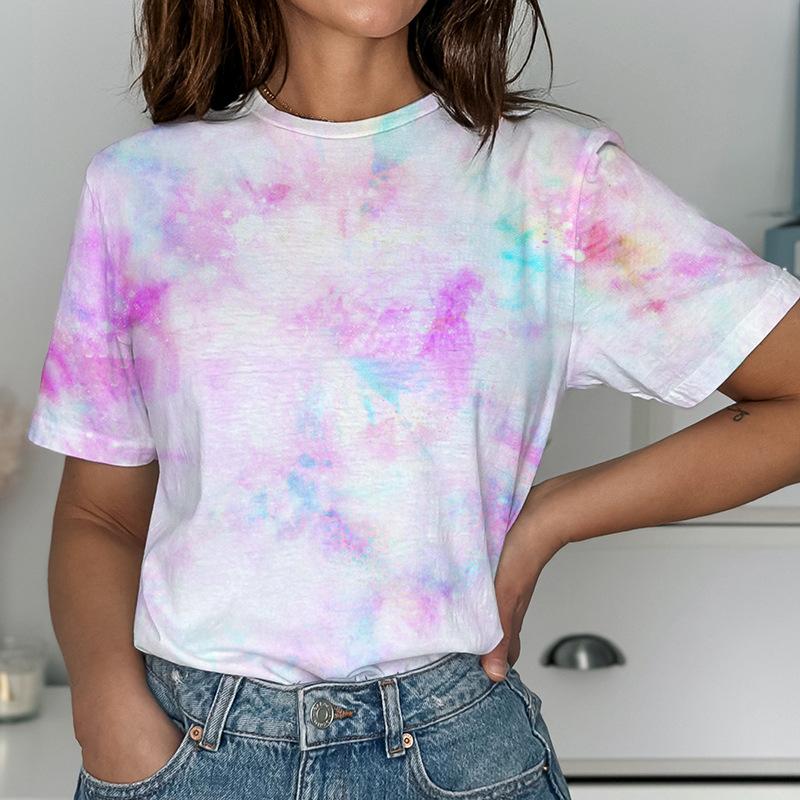 Летний топ с круглым вырезом и принтом 3D Tie Dye, модные повседневные женские футболки с короткими рукавами