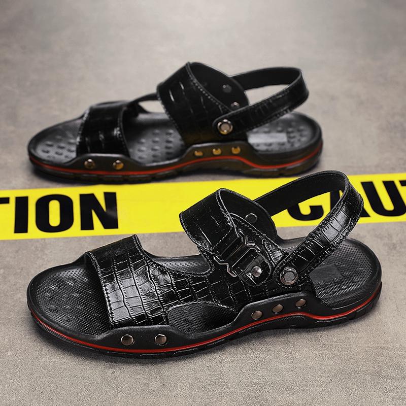 Мужские тапочки, летние модные бежевые/черные кожаные повседневные сандалии на платформе, пляжные кожаные плоские роскошные повседневные мужские сандалии