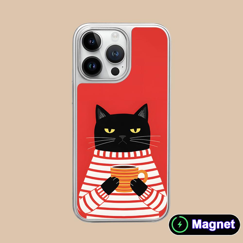 Милый Кофе-Кот Посеребренный Чехол для Телефона Magsafe для iPhone 17 16 15 14 13 12 11 Air Pro Max Plus Цветная Крышка