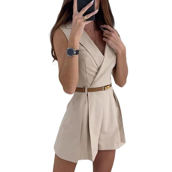 Женский комбинезон с отложным кроем, ПР, плиссированный вырез, однотонный воротник, V-образный вырез, без рукавов, тонкий, деловой, деловой