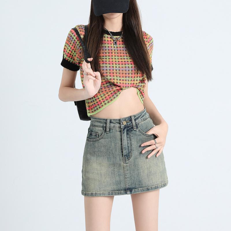 Джинсовая короткая юбка в стиле ретро, ​​женская летняя короткая юбка для похудения с высокой талией, антибликовая юбка трапециевидной формы с запахом на бедрах