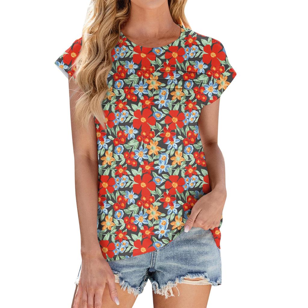 Женская мода повседневная базовая цветочная текстурированная футболка с круглым вырезом и жилеткой