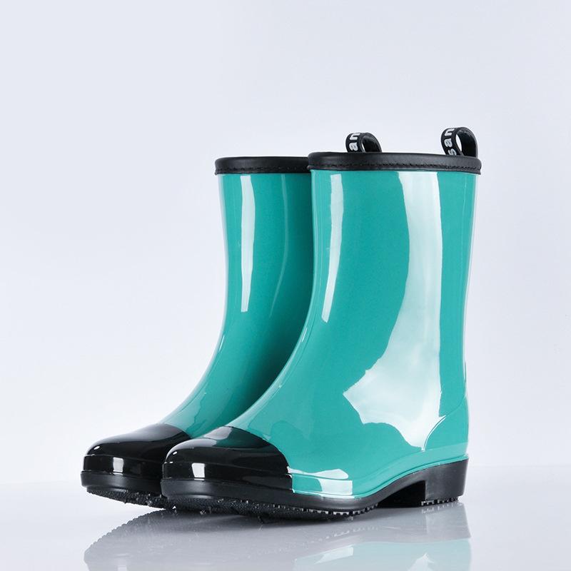 Korean Style Women's Mid-Calf Rubber Rain Boots, Low Heel, Color Block, Fleece Lined, Warm and Waterproof.