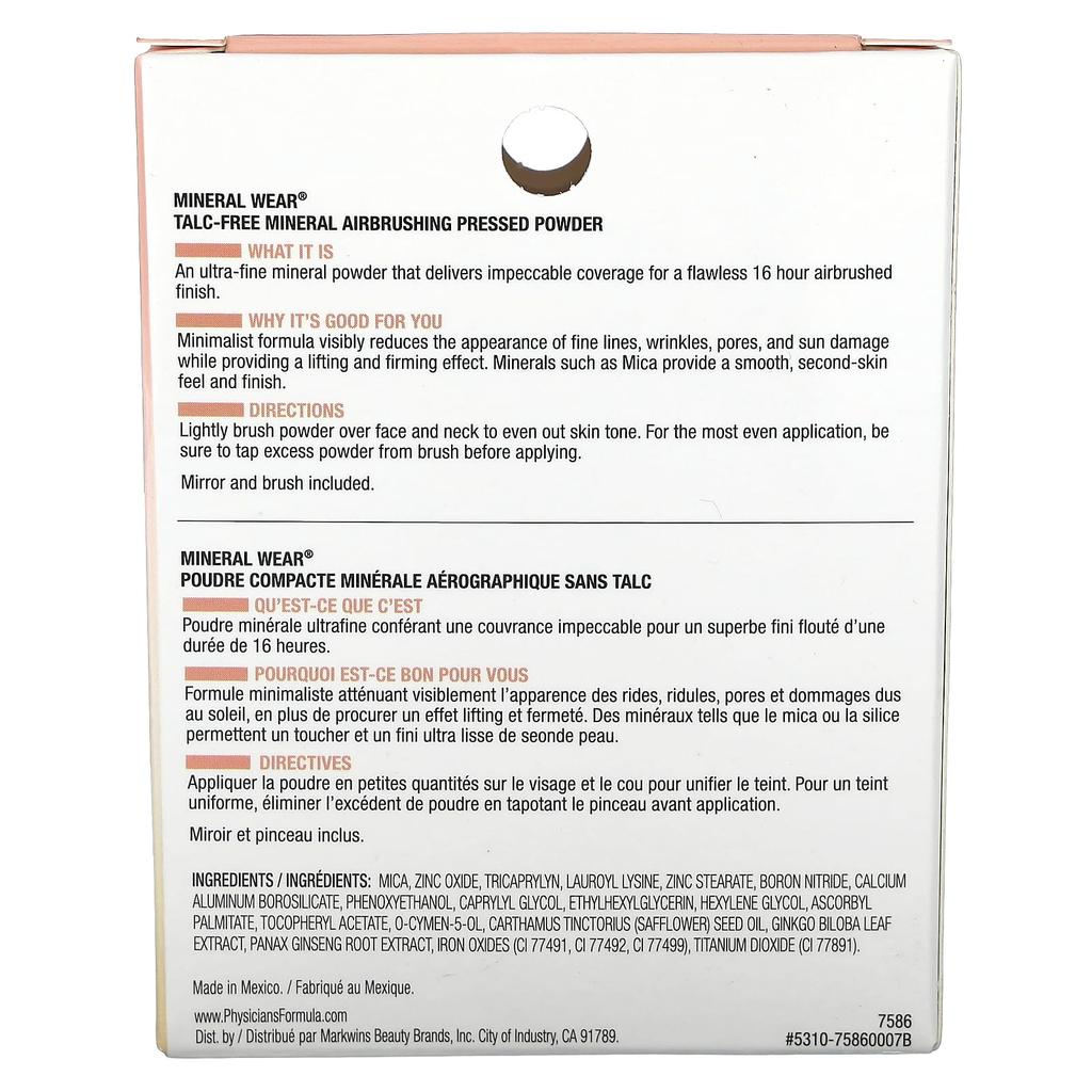 Physicians Formula Mineral Wear, Talc-Free Mineral Airbrush Pressed Powder, 7586 Translucent, 0.26 Oz (7.5 G)