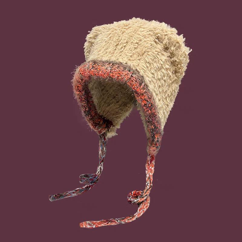 Lace-Up Bear Ears Plush Hat Women'S Winter Versatile Warm Ear Protection Knitted Hat Big Head Circumference Wool Hat