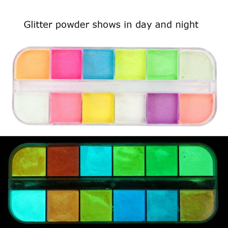 12 Nail Art Glitter Powder Ultra Fine Glow In the Dark Pigment Tips Decoration