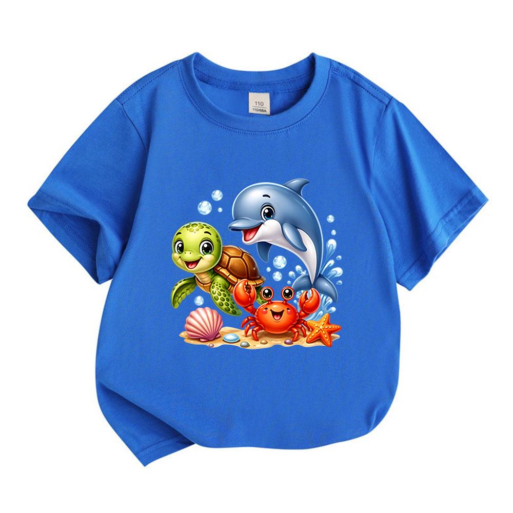 Kids Boys Girls 100% Cotton Crew Neck Short Sleeve T-Shirt, Cute Sea Animal Cartoon Turtle Dolphin Crab Print Casual Summer Tees for Children
