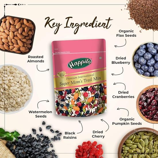 Happilo Premium International Supermom Trail Mix 325 г | Жареный миндаль, семена тыквы, льна и арбуза, сушеная клюква | Закуска из смеси суперпродуктов