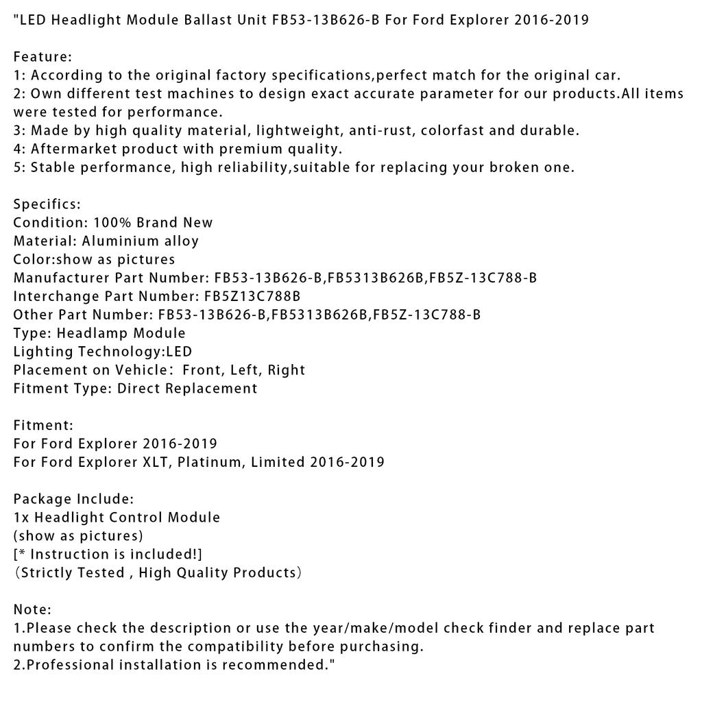 Светодиодный модуль фары Блок балласта FB53-13B626-B Для Ford Explorer 2016-2019