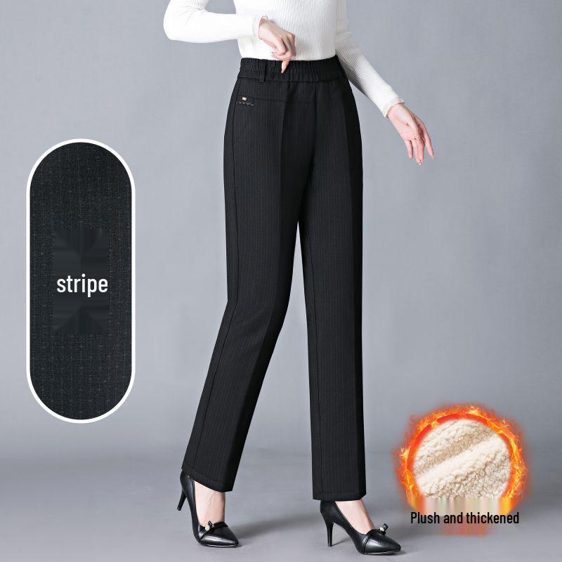 Женские зимние брюки из овечьей шерсти с флисовой подкладкой высокой посадки - Утепленные, Хлопковые, Осень 2025
