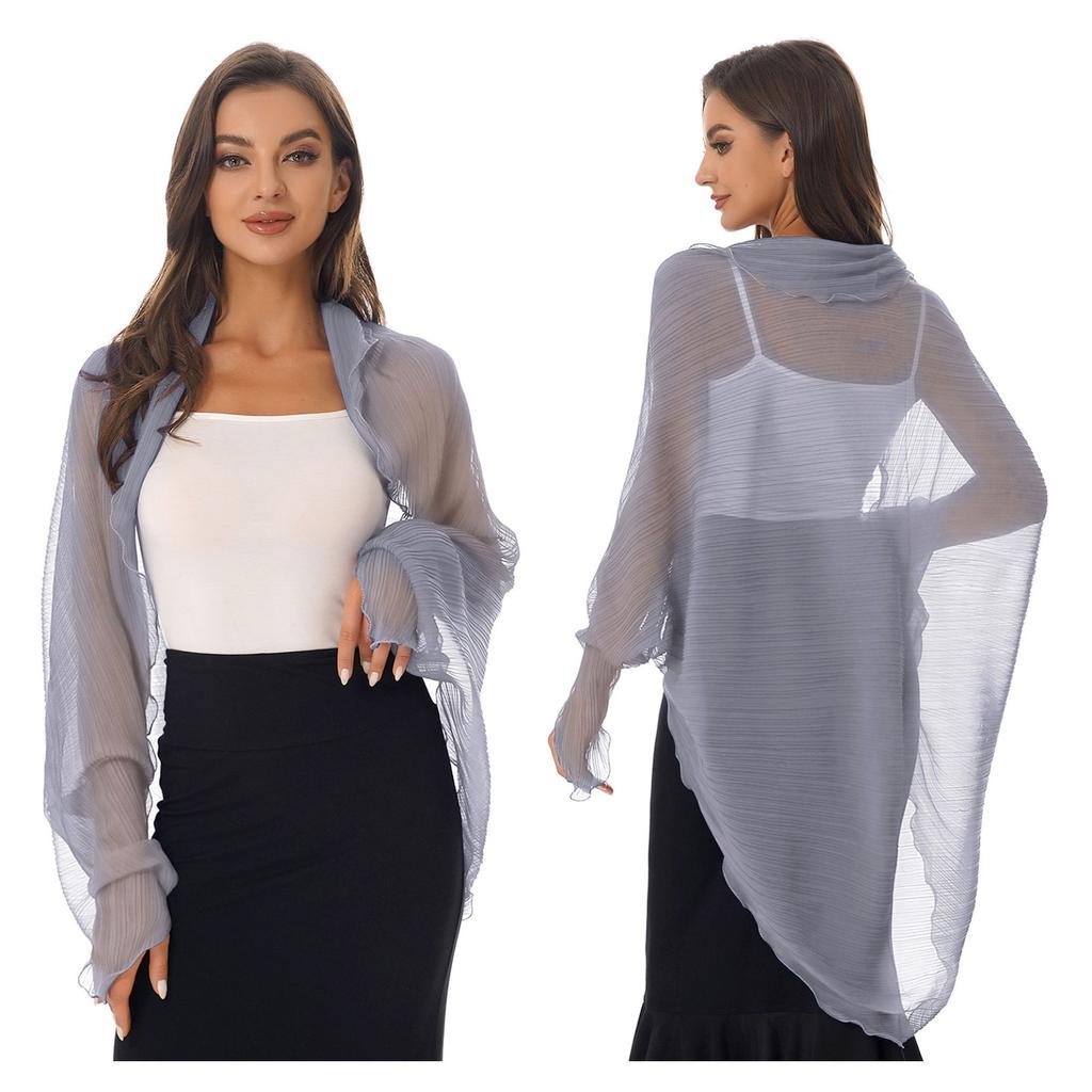 Womens Casual Long Sleeve Sun Protection Tops Open Front Chiffon Wraps Pleated Shawl Cover Ups Beachwear