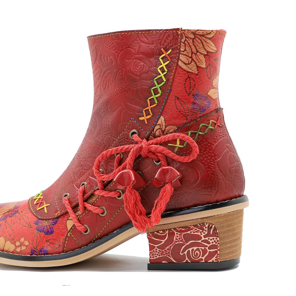 Johnature Винтажные красные туфли, женские короткие сапоги ручной работы из натуральной кожи с принтом на шнуровке