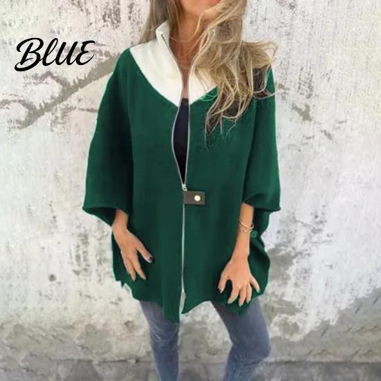 Повседневная куртка Color Block Осень Зима Женская Свободная Стойка Воротник Colorblock Молния Застежка Пальто Рукава Три Четверти Рожок Средняя Длина Повседневная