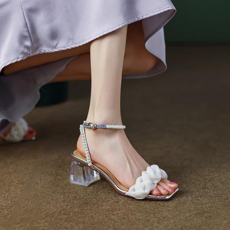 Fashion Women's Fashion Temperament Sandals 2024 Summer New Korean Version Middle Heel Women Open Toe Pearl Inlaid Crystal High Heels