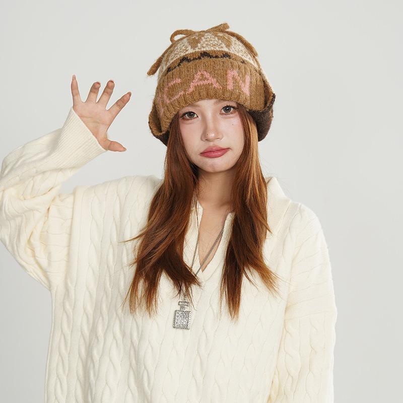 Vintage Fair Island letter jacquard wool hat winter warm and cold ear protection hat cute hairball knitted pullover hat