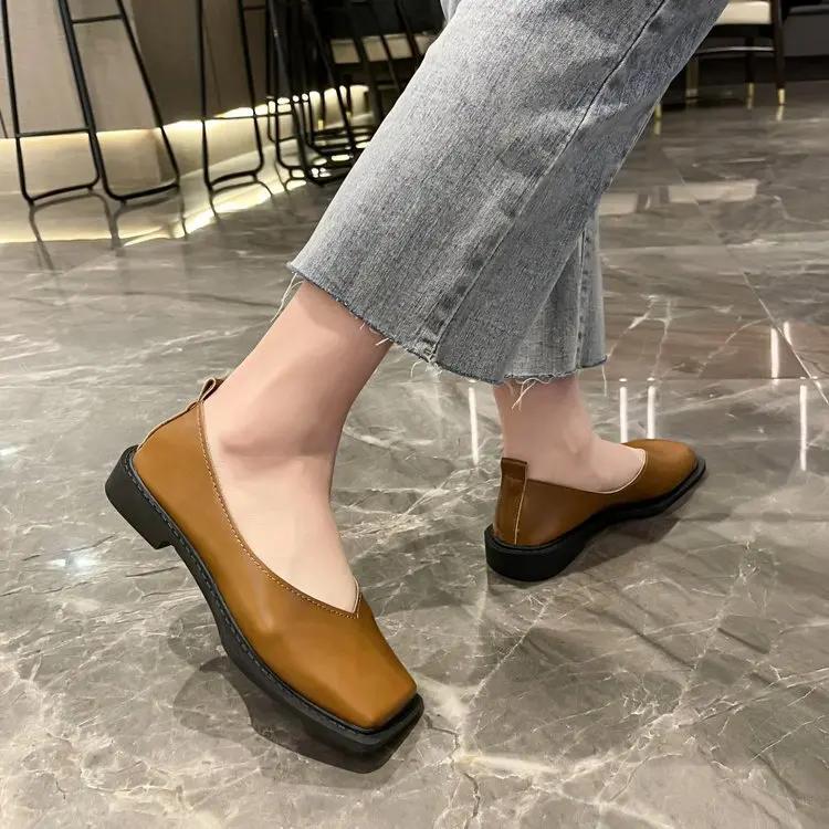 Fashion 2025Flat Shoes Women Square Toe Single Shoes Simple Temperament Leather Shoes Spring Round Toe Heels