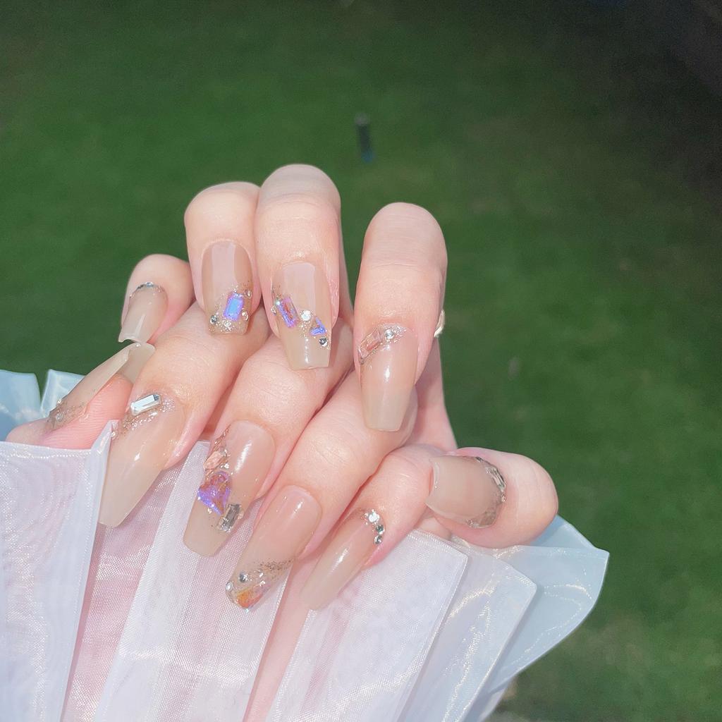 Женские накладные ногти среднего размера с рисунком телесного цвета на акриловых ногтях глянцевые накладные ногти с полным покрытием