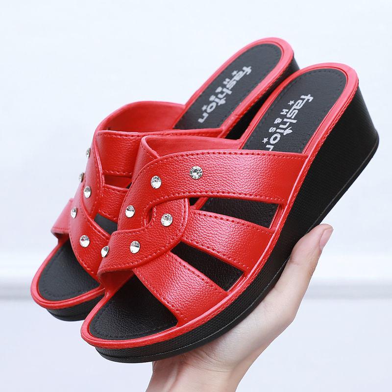 Women's High Heel Slippers Summer Wear Thick Bottom Fashion Home Non-Slip Mother Shoes Soft Bottom Social Wedge Women Sandals