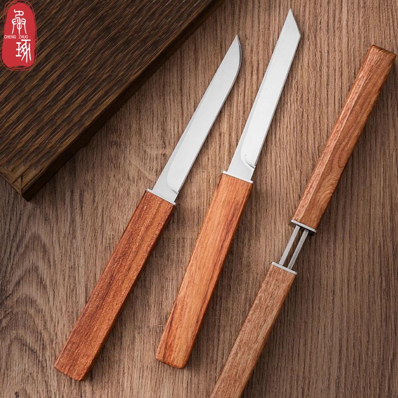 Stainless Steel Double-edged Fruit Kitchen Knife 1 Pair Carving Knife with Wooden Handle Outdoor Fishing Barbecue Knife Portable Self-defense Knife