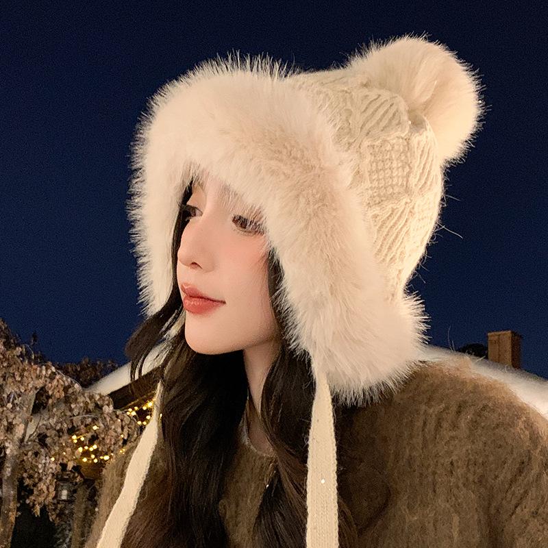 Зимняя шапка из искусственного меха лисы для женщин - толстая теплая вязаная шапка-ушанка, ручная стирка, смесь хлопка, не растягивается