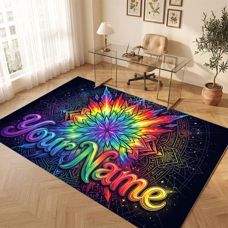 Neon Colorful Theme Crystal Velvet Floor Rug Personalized Custom Name Text Warm Carpet Home Decoration