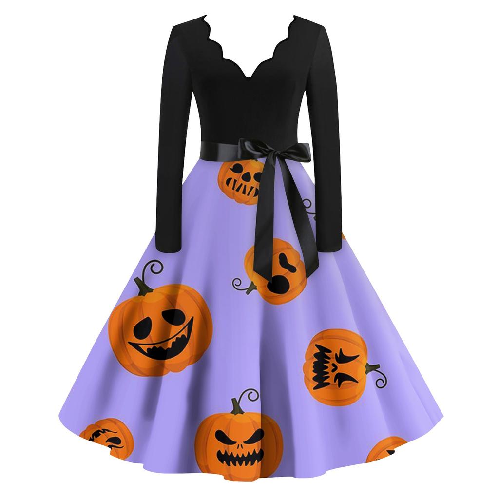 Платье на Хэллоуин для женщин с винтажным принтом и длинным рукавом с v-образным вырезом плюс размер вечерние платья для выпускного вечера