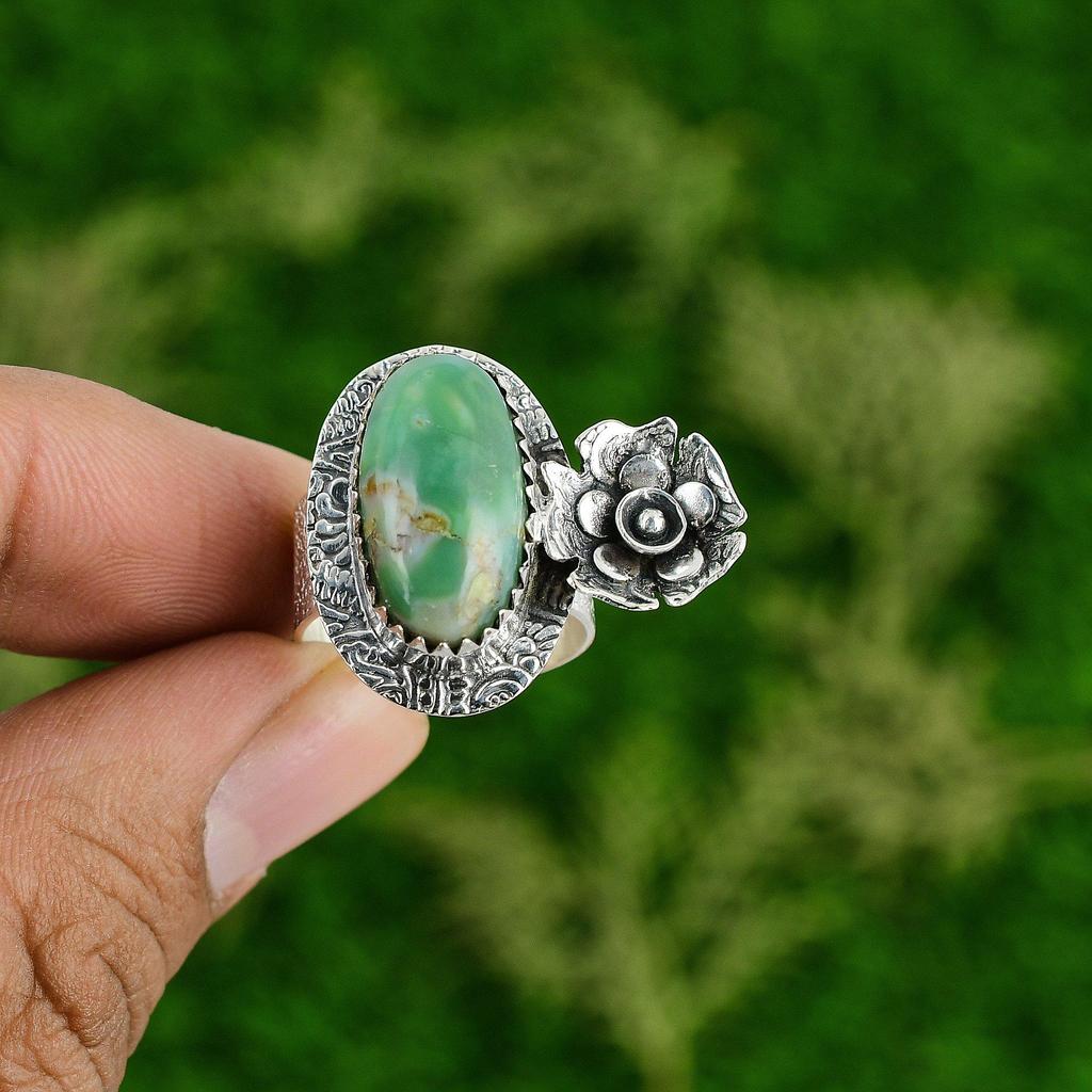 Кольцо-обещание с натуральным хризопразом в форме цветка, размер 7, серебро 925 пробы, для женщин