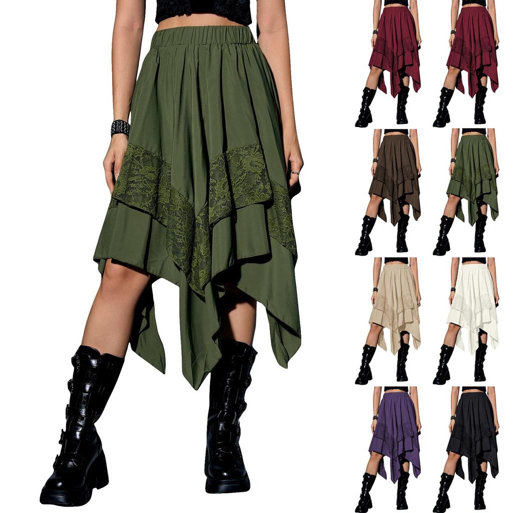 Women's Flowy Skirt Contrast Lace Layered Asymmetrical Midi Skirts