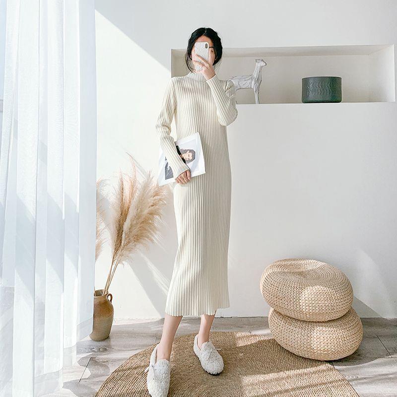 Женское вязаное шерстяное зимнее платье большого размера, утолщенное, длинное, с полувысоким воротником