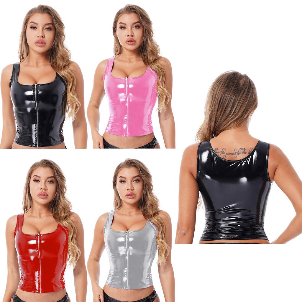 Womens Fashion Zipper Patent Leather Tank Top Wet Look Clubwear Festival Clothing Pole Dance Rave Outfit