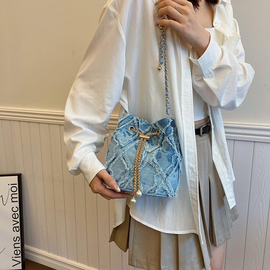 Ling Grid Chain Bucket Bag, Simple Crossbody Bag, Women's Trendy Drawstring Tassel Shoulder Bag