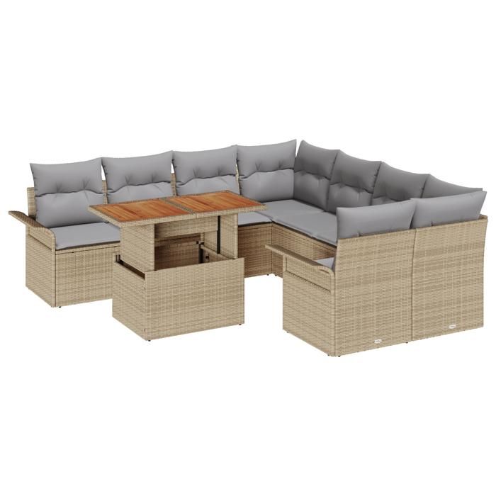 Ensemble de Canapé de Jardin 9 Pièces avec Coussins en Rotin Poly Beige, Canapé de Jardin 2 Places avec Rangement & Coussins 3358051