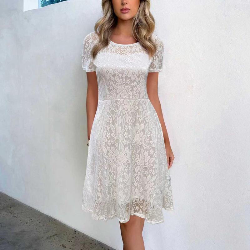 Модное женское платье с круглым вырезом и коротким рукавом, плиссированное кружевное, тонкое