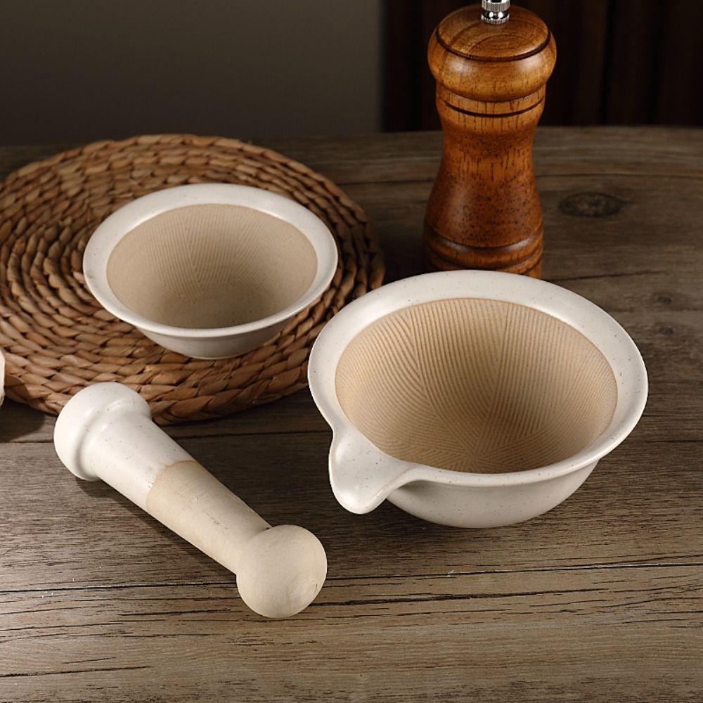 Manual Grinding Bowl Rod Set Ceramic Garlic Mortar Pestle Rice Paste Bowl Baby Food Grinder