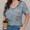 Модные блузки с цветочной живописью, футболки с V-образным вырезом и короткими рукавами, повседневные