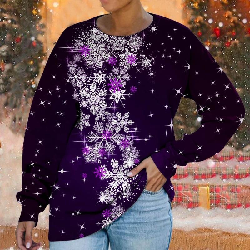 Толстовка с круглым вырезом Рождественская снежинка цифровой принт повседневная весна осень свободная женская толстовка Пуловеры и длинные рукава (Женский)